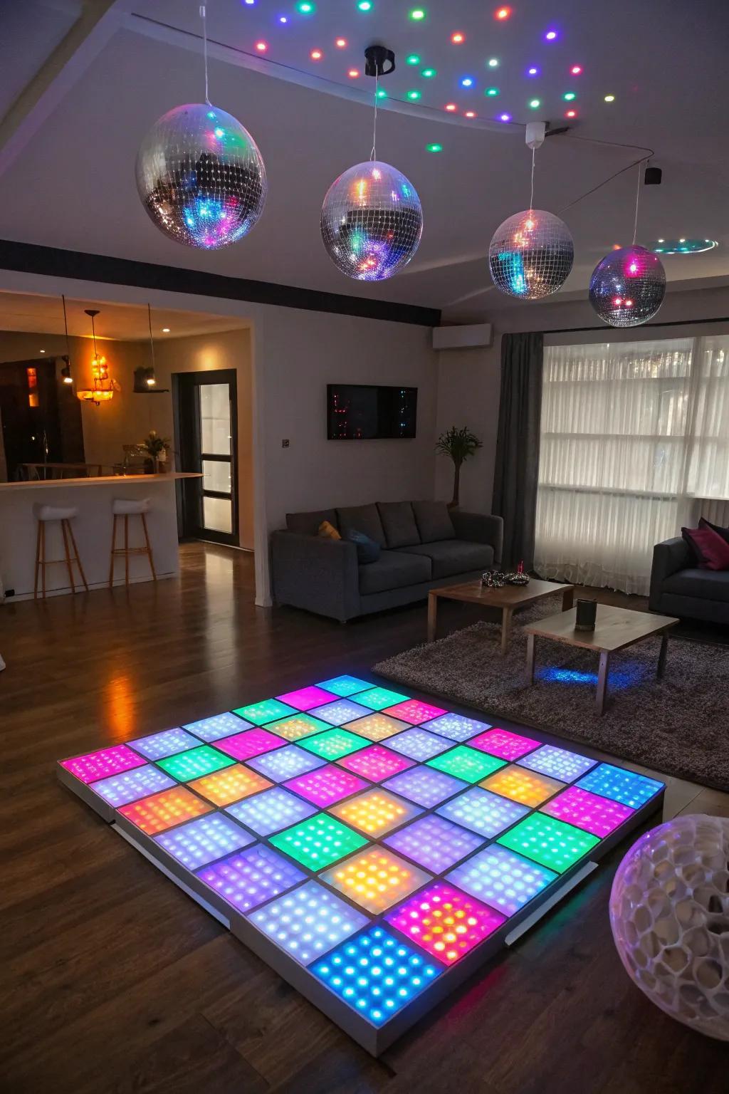A bespoke illuminated dance expanse encourages attendees to dance throughout the night.