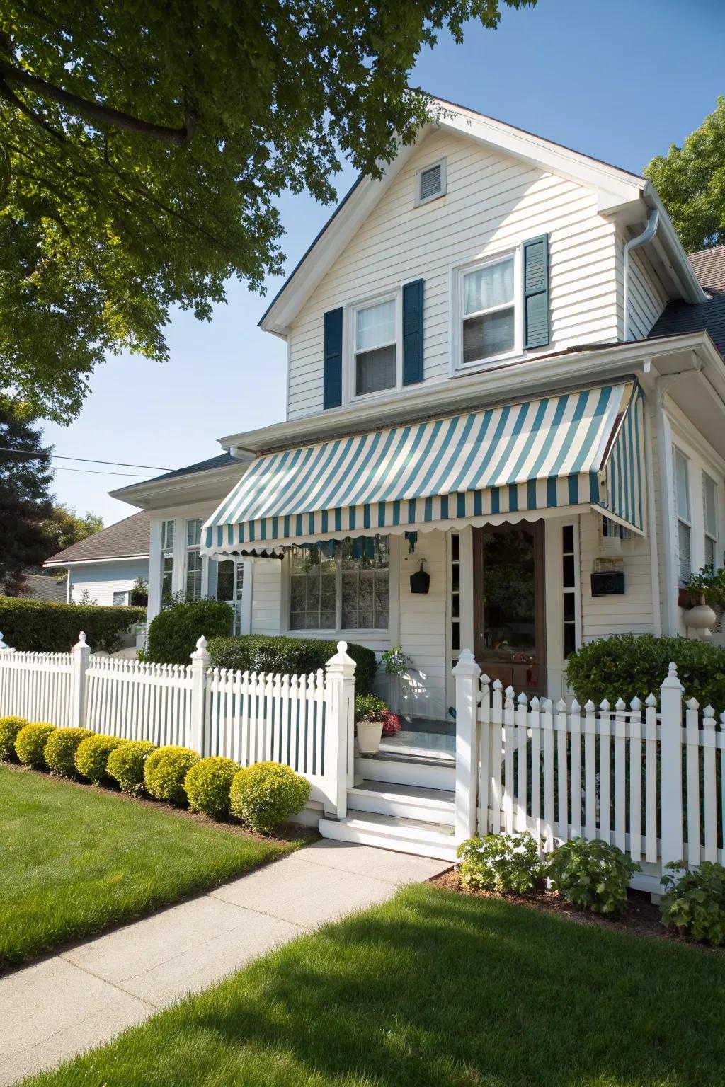 A traditional canvas canopy that enhances the classic allure of the home.