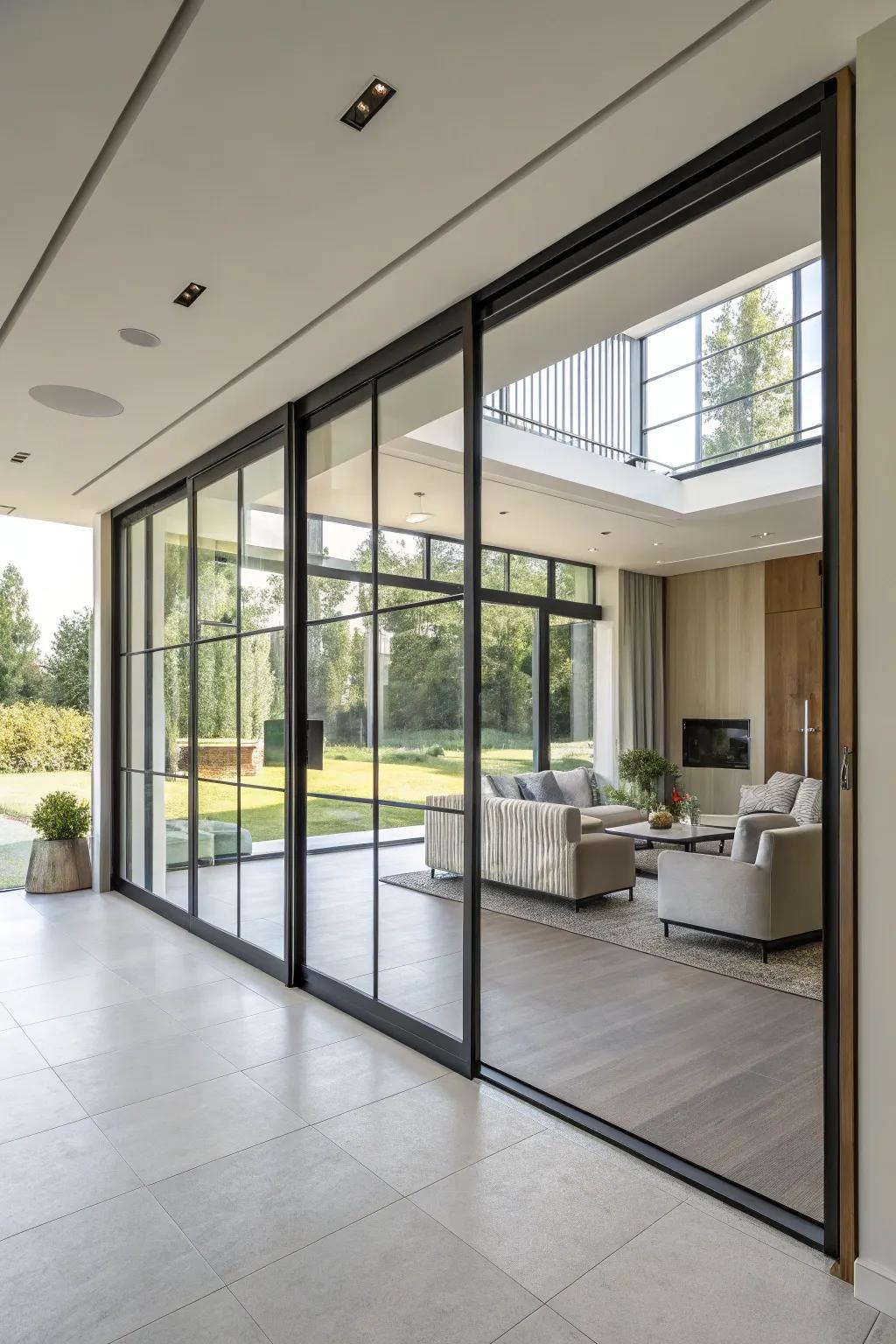 Conceptualize dramatic entrances through the deployment of multi-panel sliding doors.