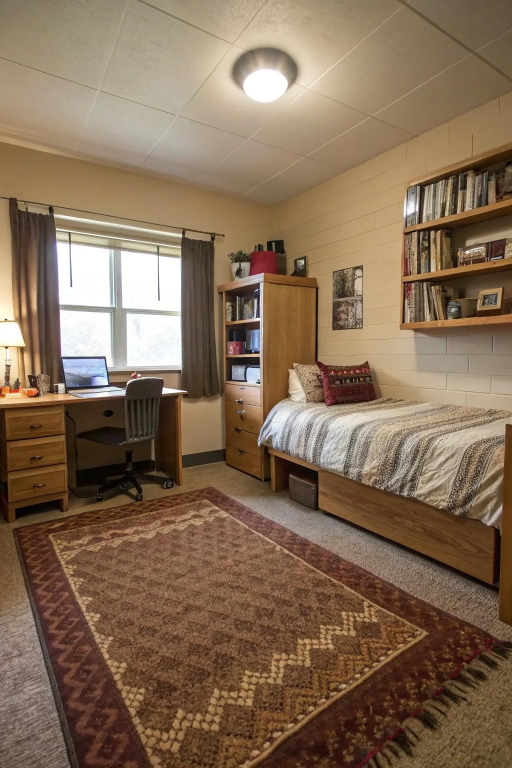 A textured rug in a university residence, enhancing warmth and style in the area.