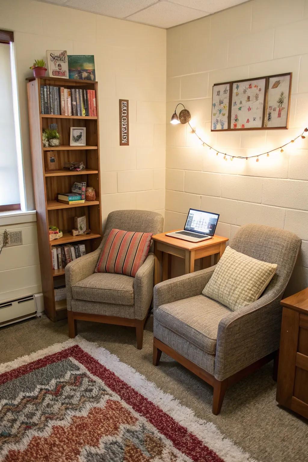 A comfy seating area offers a trendy escape within your dorm.