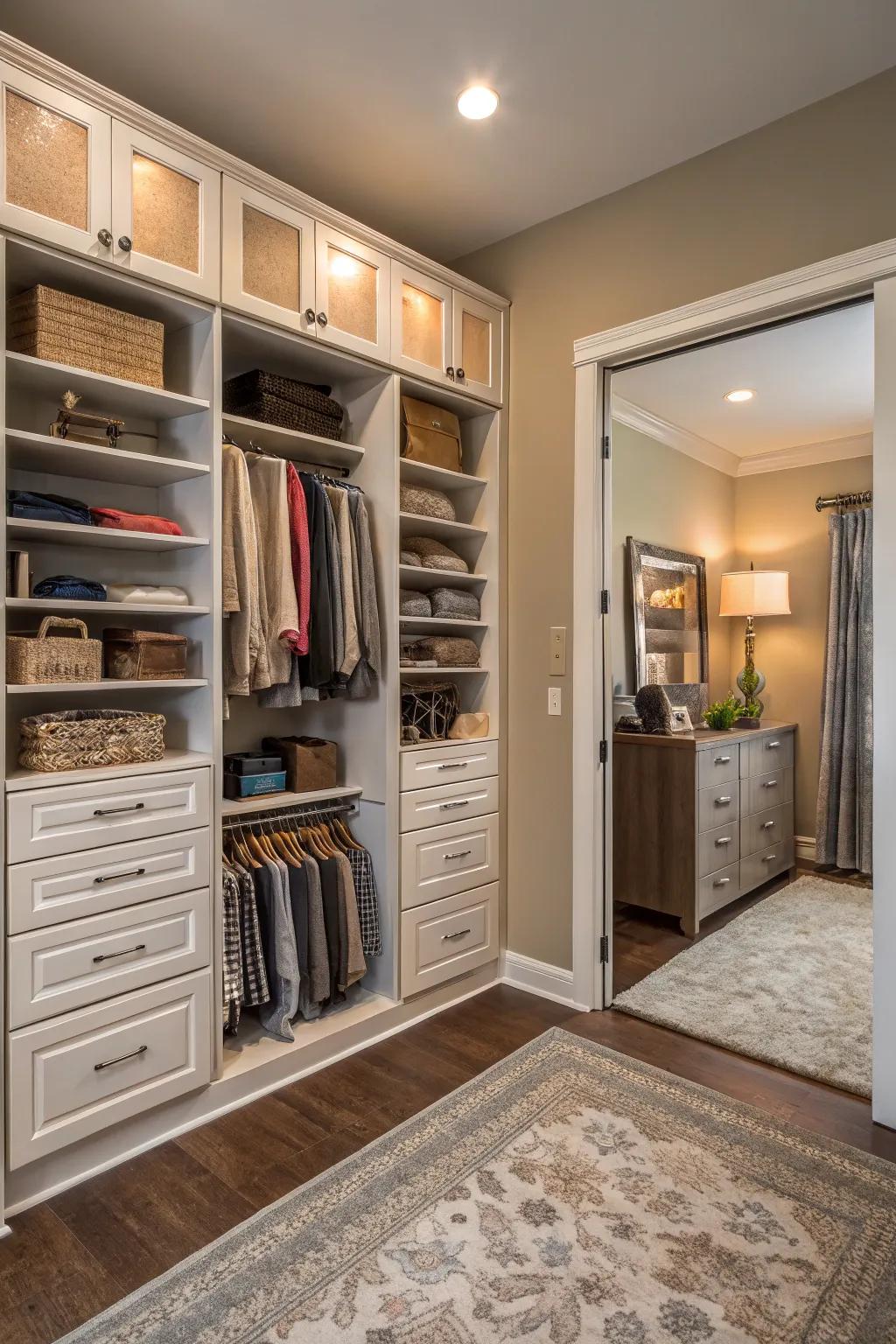 Customizable storage solutions in a double closet adapt to your evolving requirements.