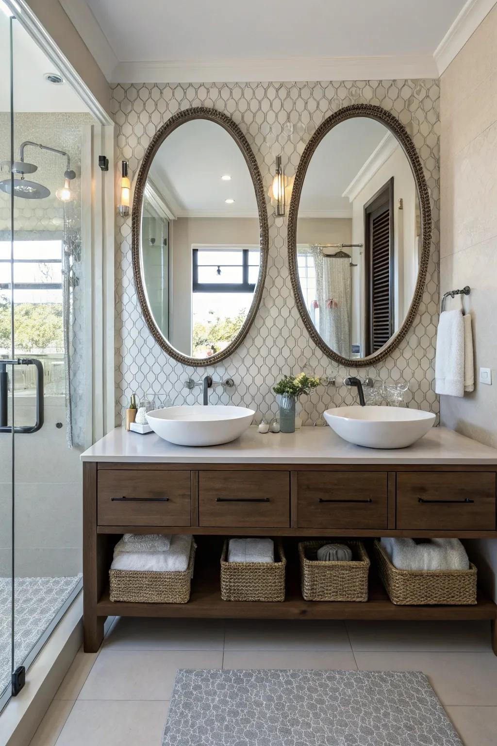 Unique mirror shapes impart personality to the vanity area.