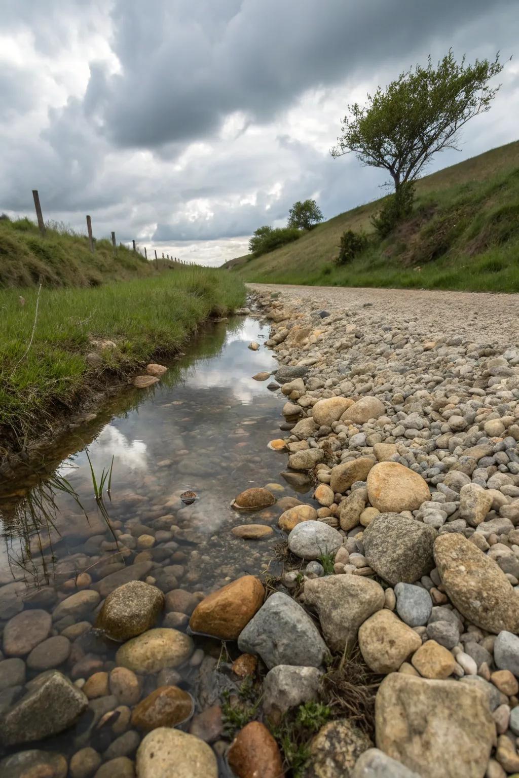 A textured array of stones introduces profound depth to a drainage swale.