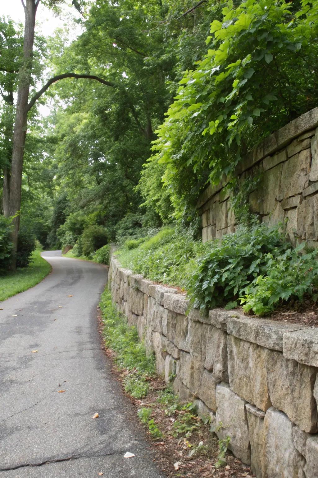 Sustaining embankments impart framework and texture to your driveway.