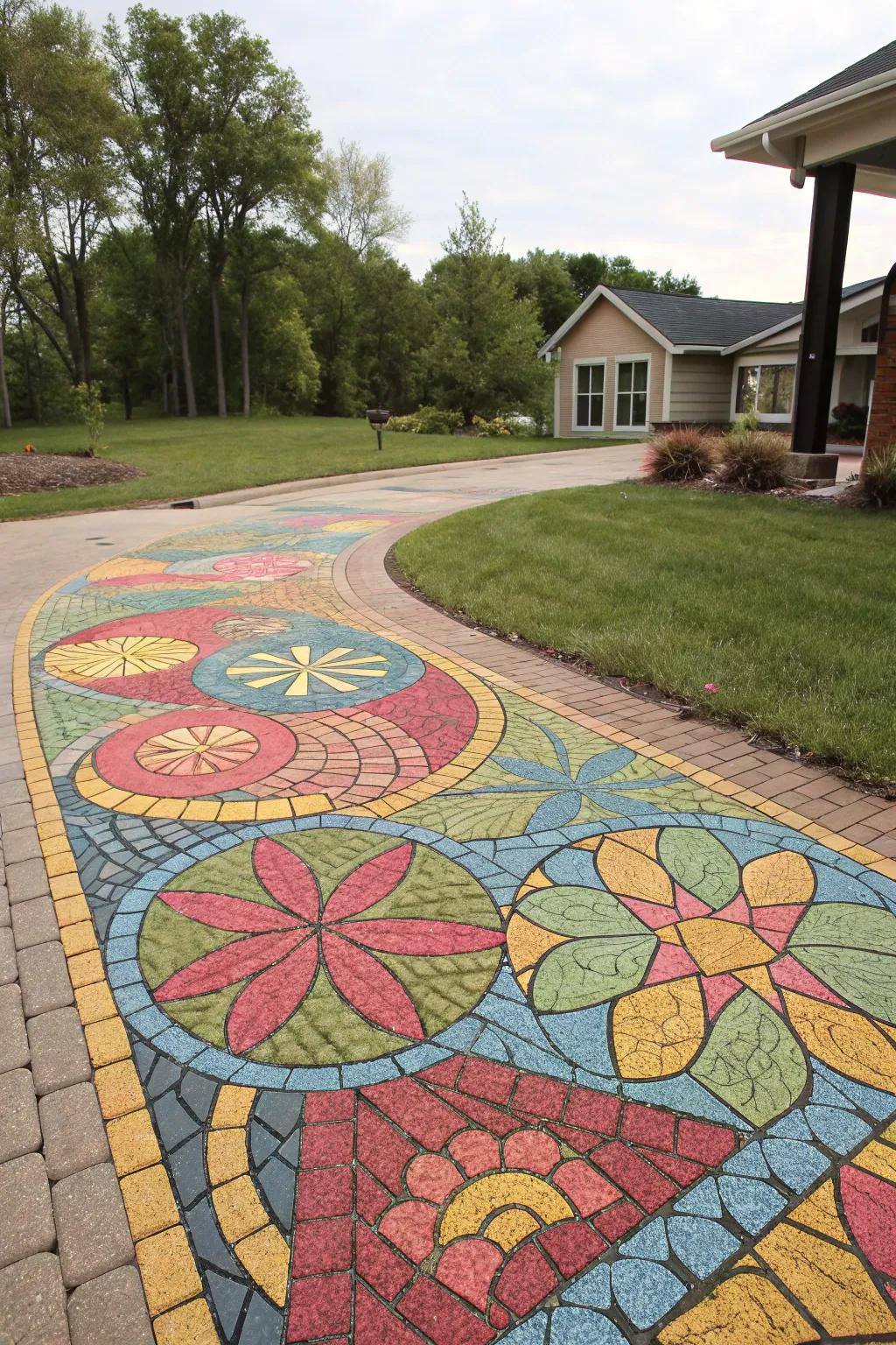 A kaleidoscopic mosaic layout transforms a driveway into an artistic declaration.