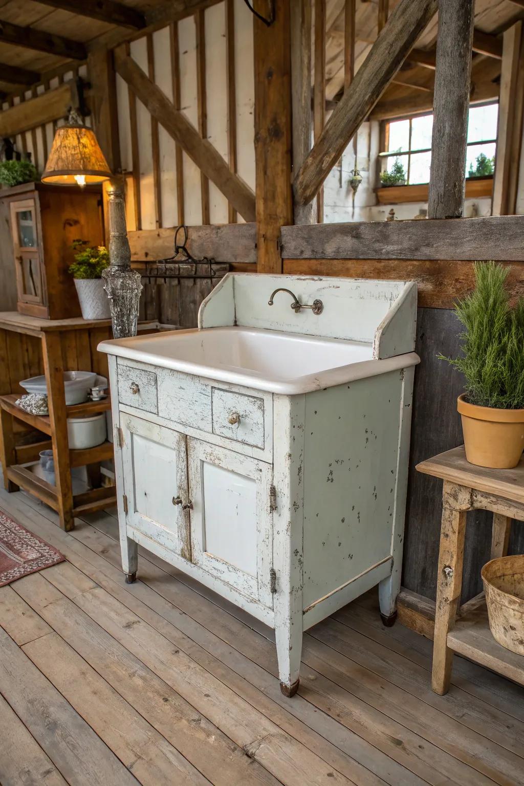 An antiqued surface lends this washstand a vintage elegance.