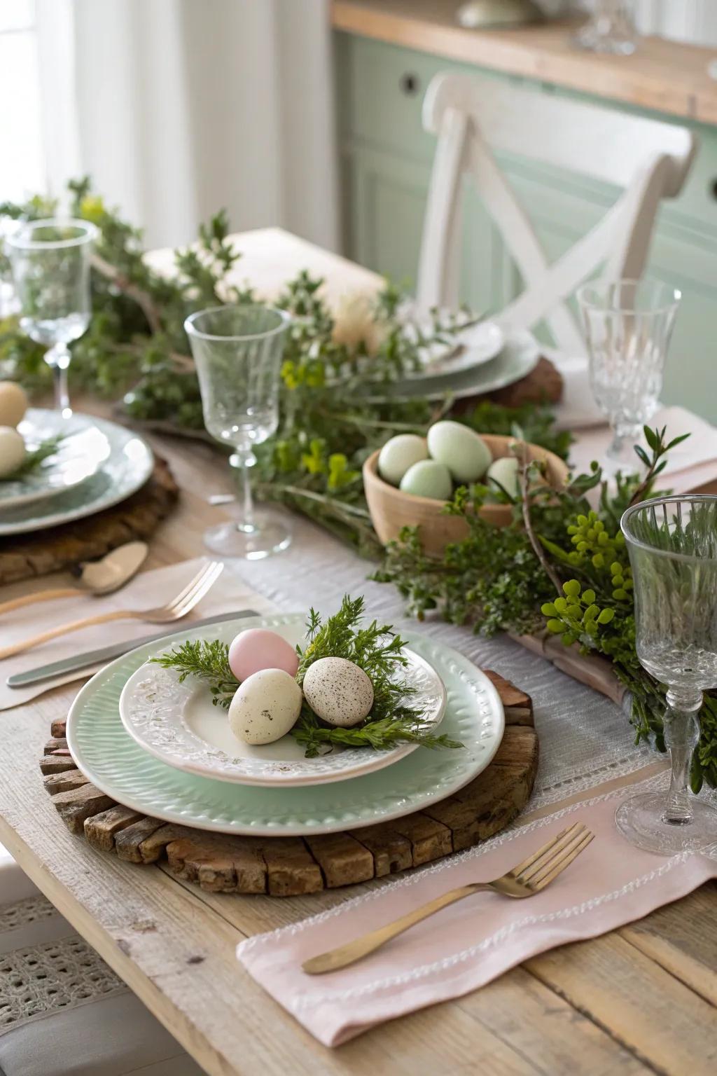 Organic vegetation adds an elemental touch to the Easter table decor.