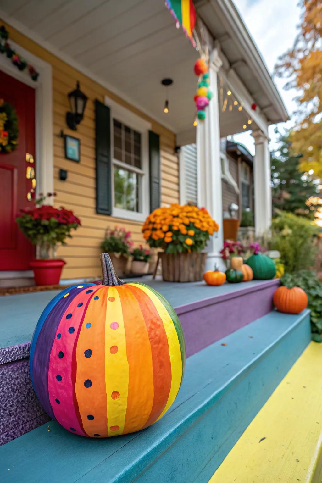 A chromatic-colored pumpkin introduces a surge of delight and hue to Halloween celebrations.