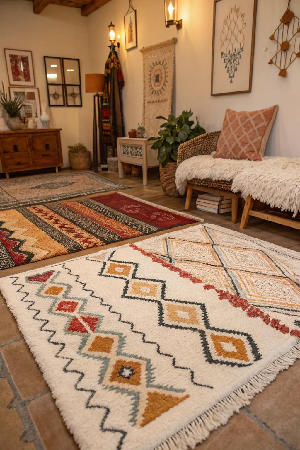 Layered floor coverings enrich this diverse area with warmth and texture.