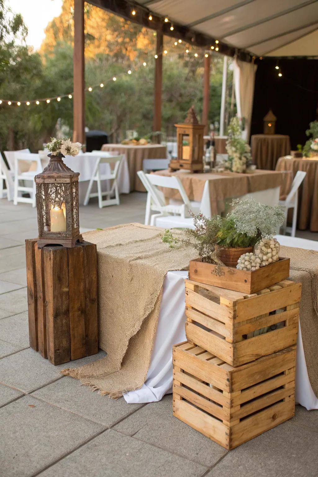 Rustic touches enhance the charm of an outdoor engagement party.