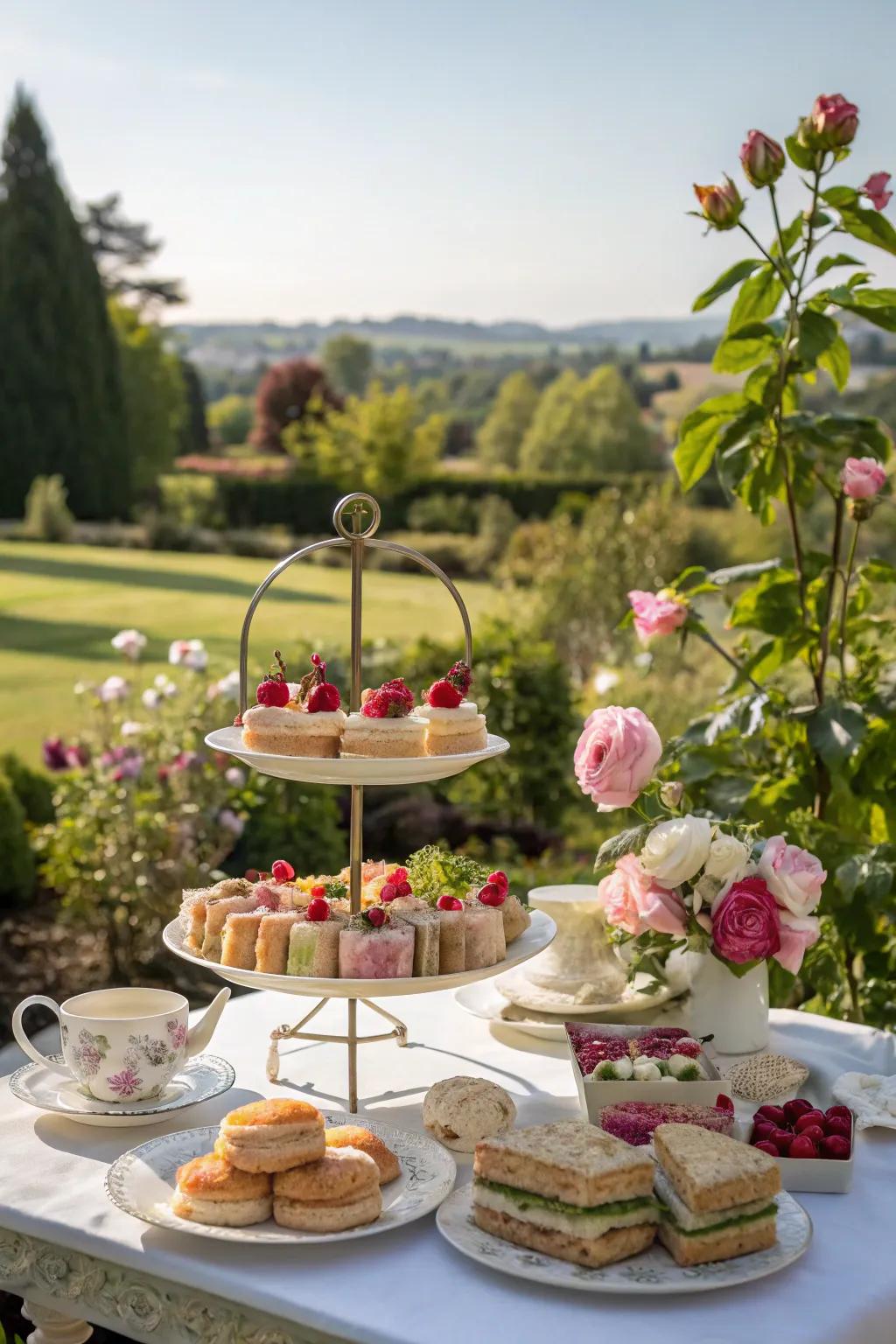 Tiered showcases present delicious treats elegantly.