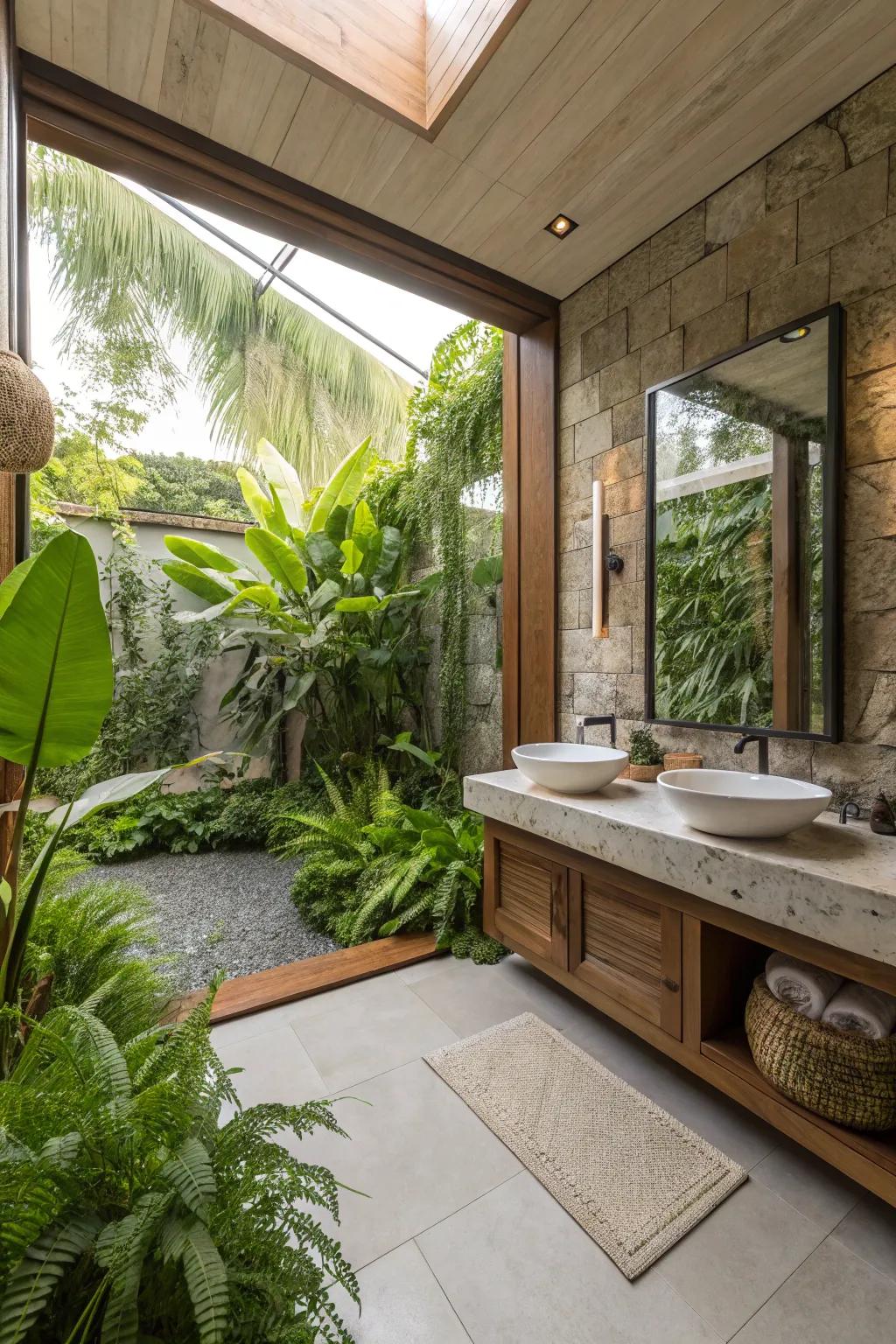 Greenery adds a touch of nature and vibrancy to this ensuite.