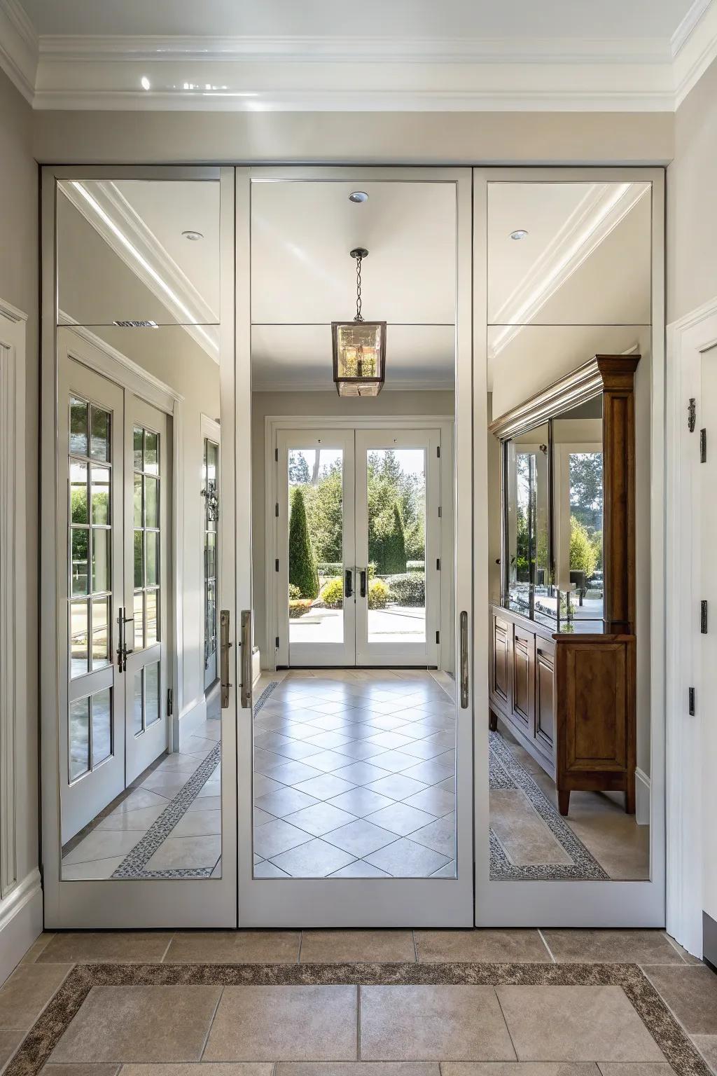 Mirrored doors add depth and light to narrow entryways.
