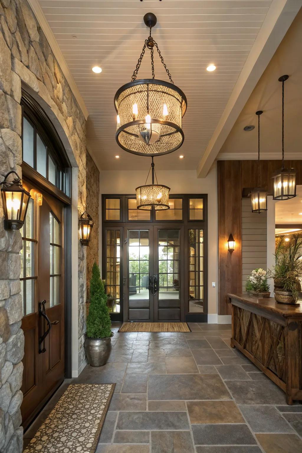 Lighting fixtures incorporating mixed materials infuse texture and intrigue into this entryway.