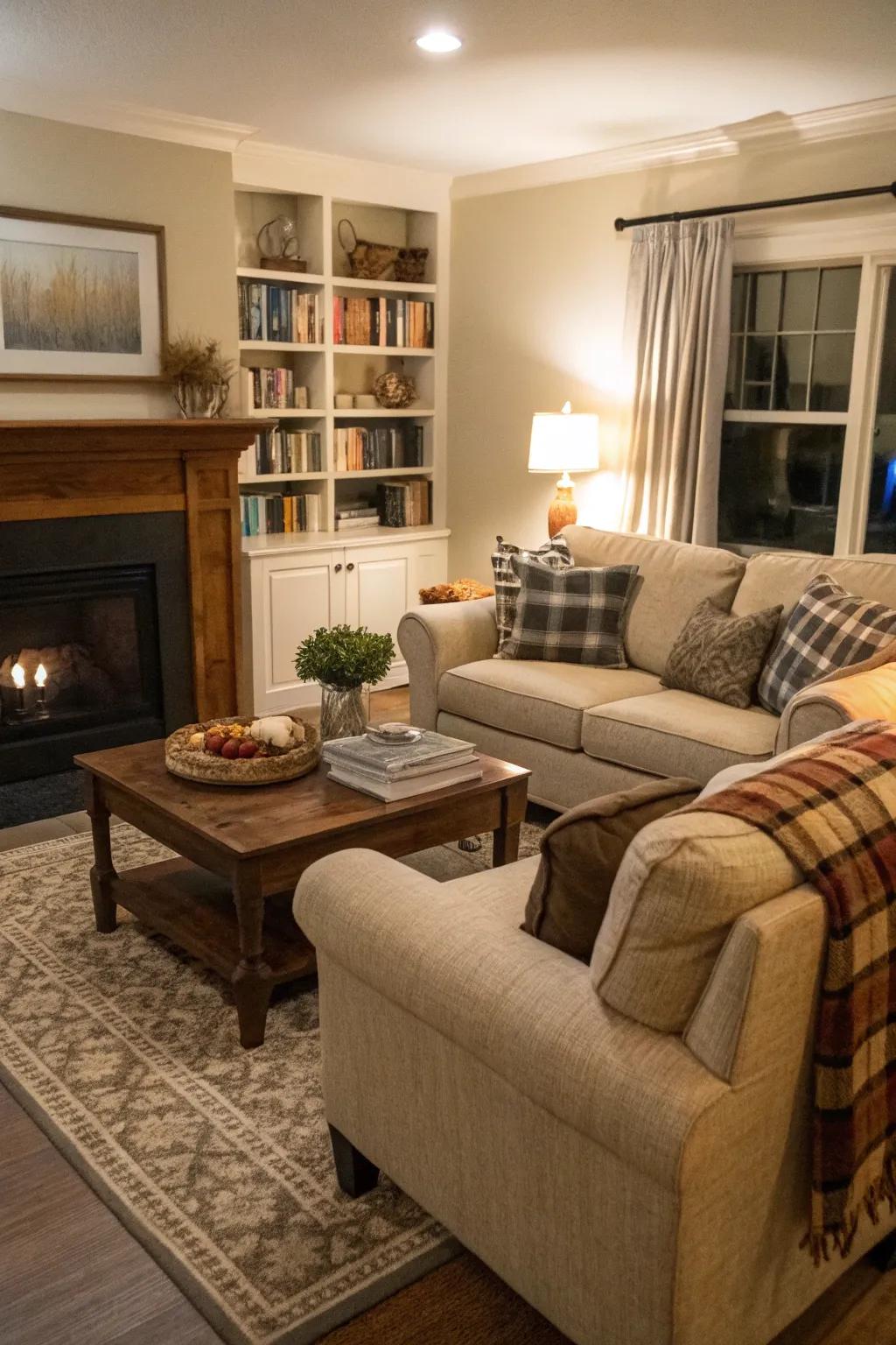 Intimate seating arrangements make this European-style living room inviting.
