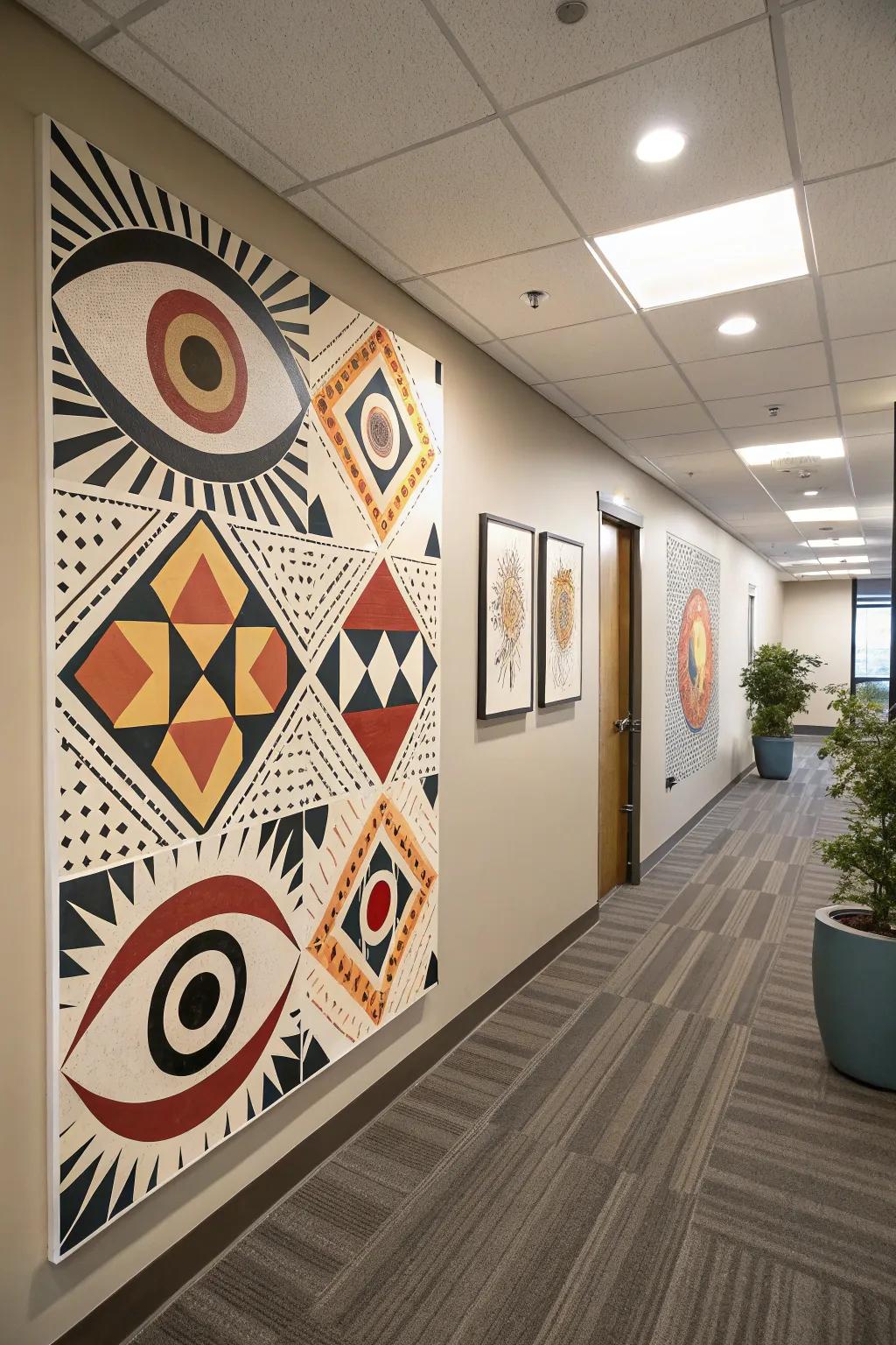 A contemporary office setting amplified through an elegant geometric eye pattern.