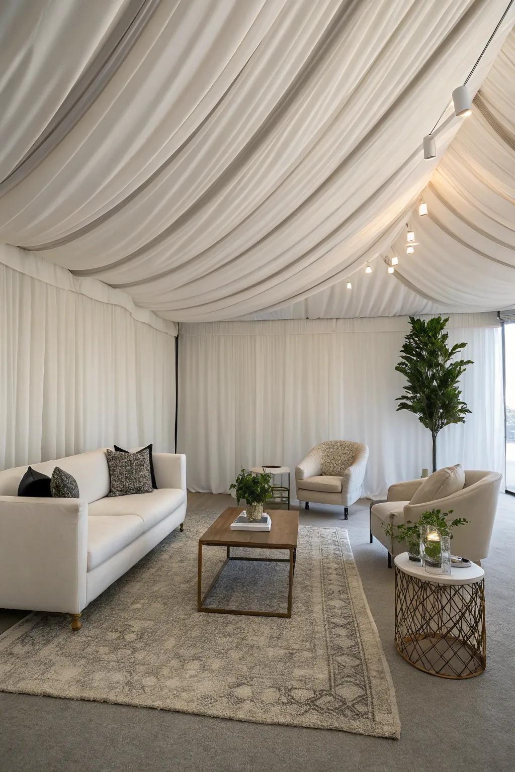 Realize modern style using an understated textile ceiling.