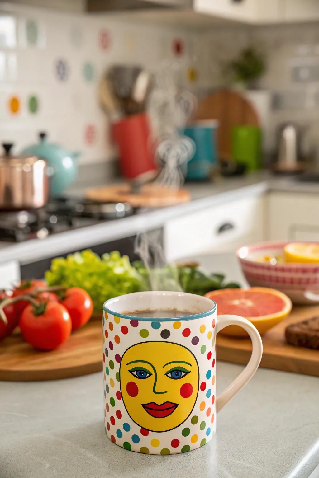 A vibrant face mug that adds a pop of color to any kitchen setting.