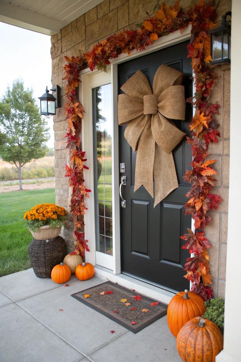 Linen ribands introduce a rustic nuance to a fall-decorated door.