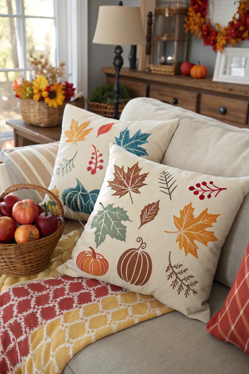 Construct individualized decor with hand-stenciled seasonal cushions.