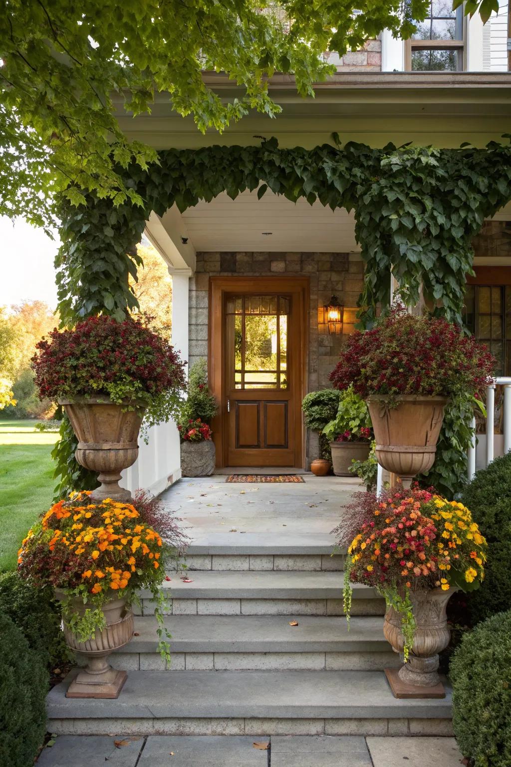 An inviting threshold framed by lavish planters establishes a cordial, hospitable atmosphere.