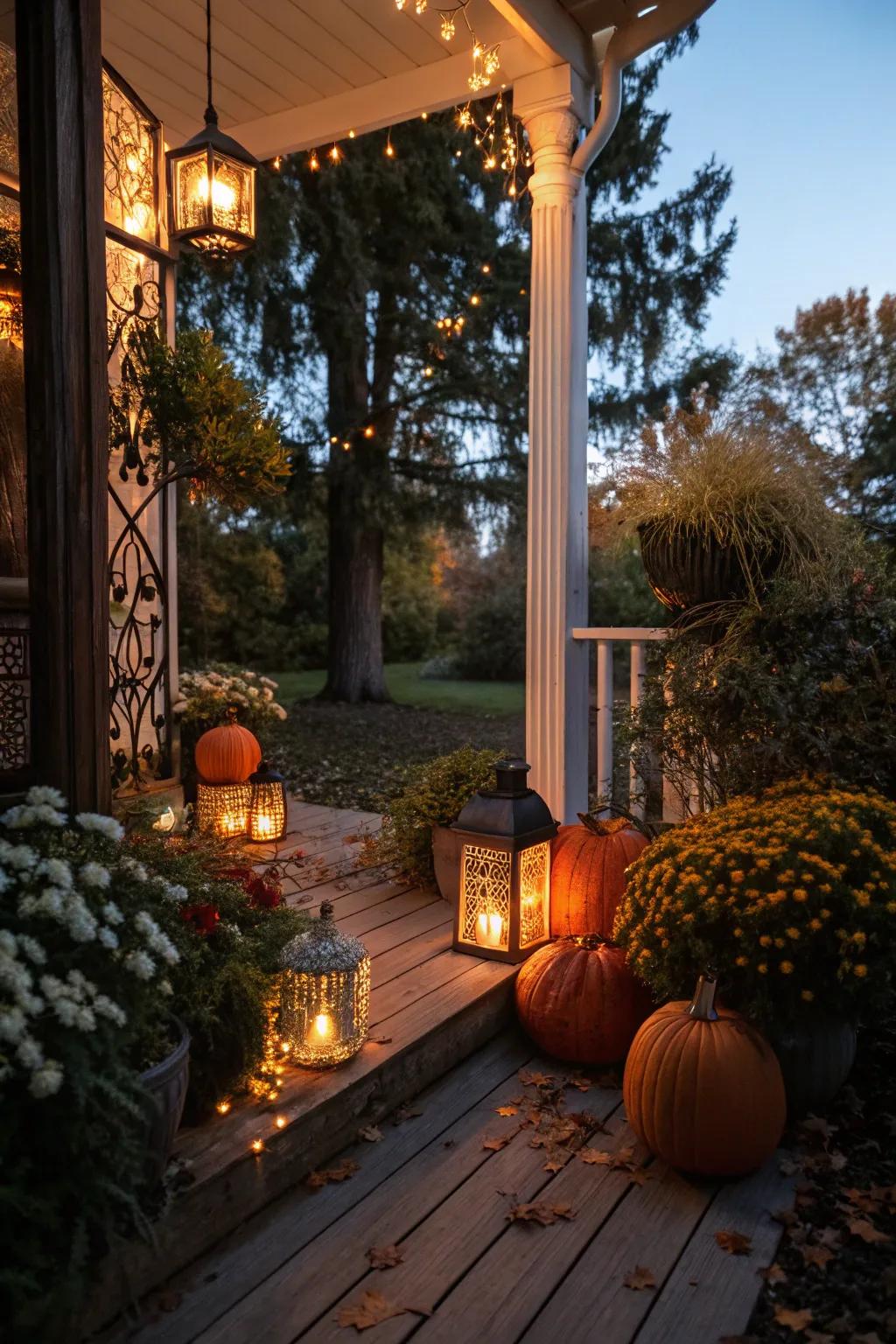 Lanterns and lights convert the porch into a magical evening haven.