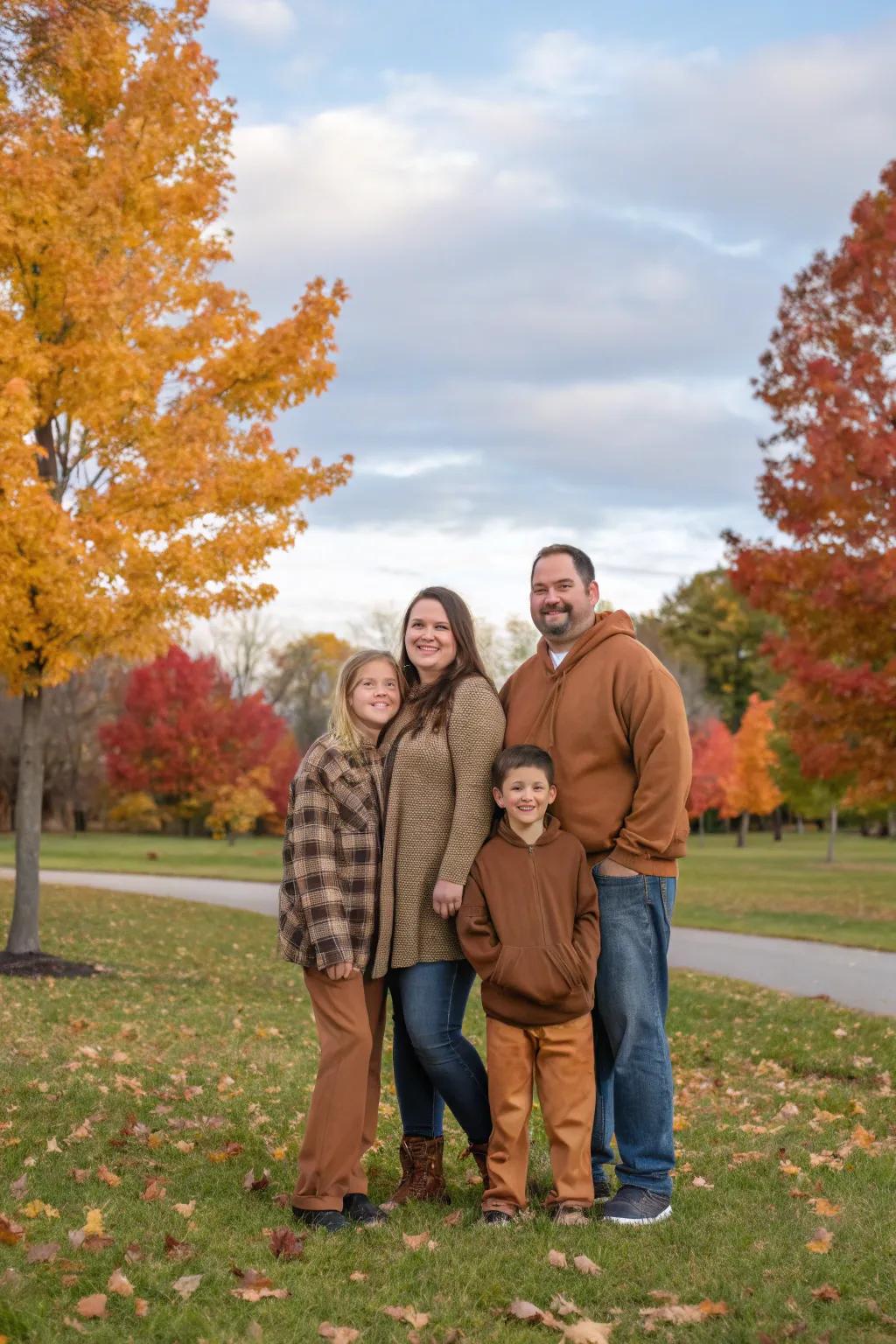 Coordinated outfits can enhance the harmony and splendor of seasonal family images.