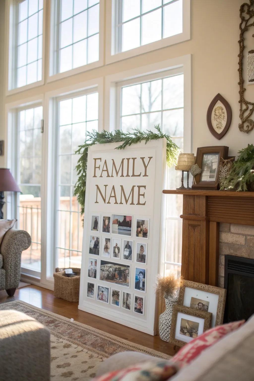 A surname display featuring individual family member surnames in a sitting room.