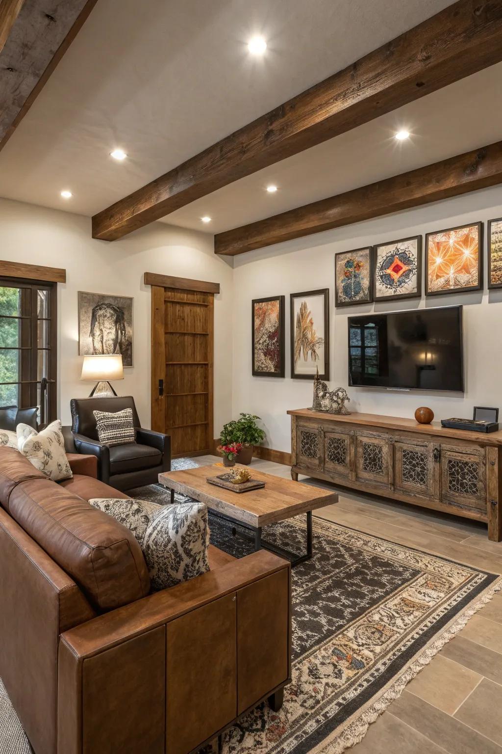 A family room that skillfully blends modern and traditional aesthetics.