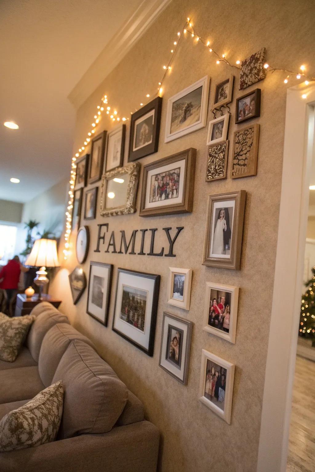 Personalized family wall presenting ornamental initials and photograph frames.