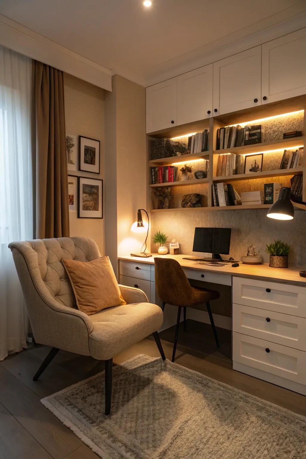 A seating area adds comfort and utility to your office.