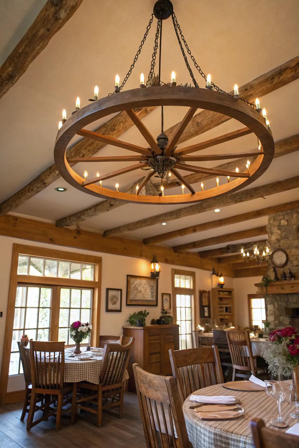 A carriage wheel candelabra contributes a countryside focal point to the room.