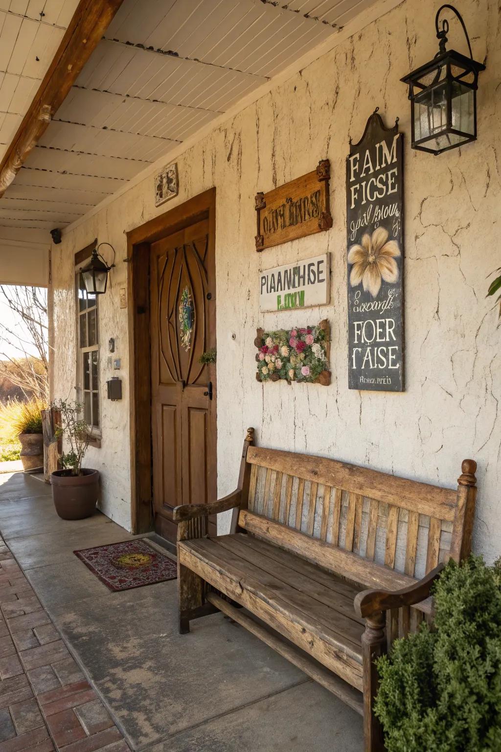 Farmhouse-style wall decor adds a personal touch to the entryway.
