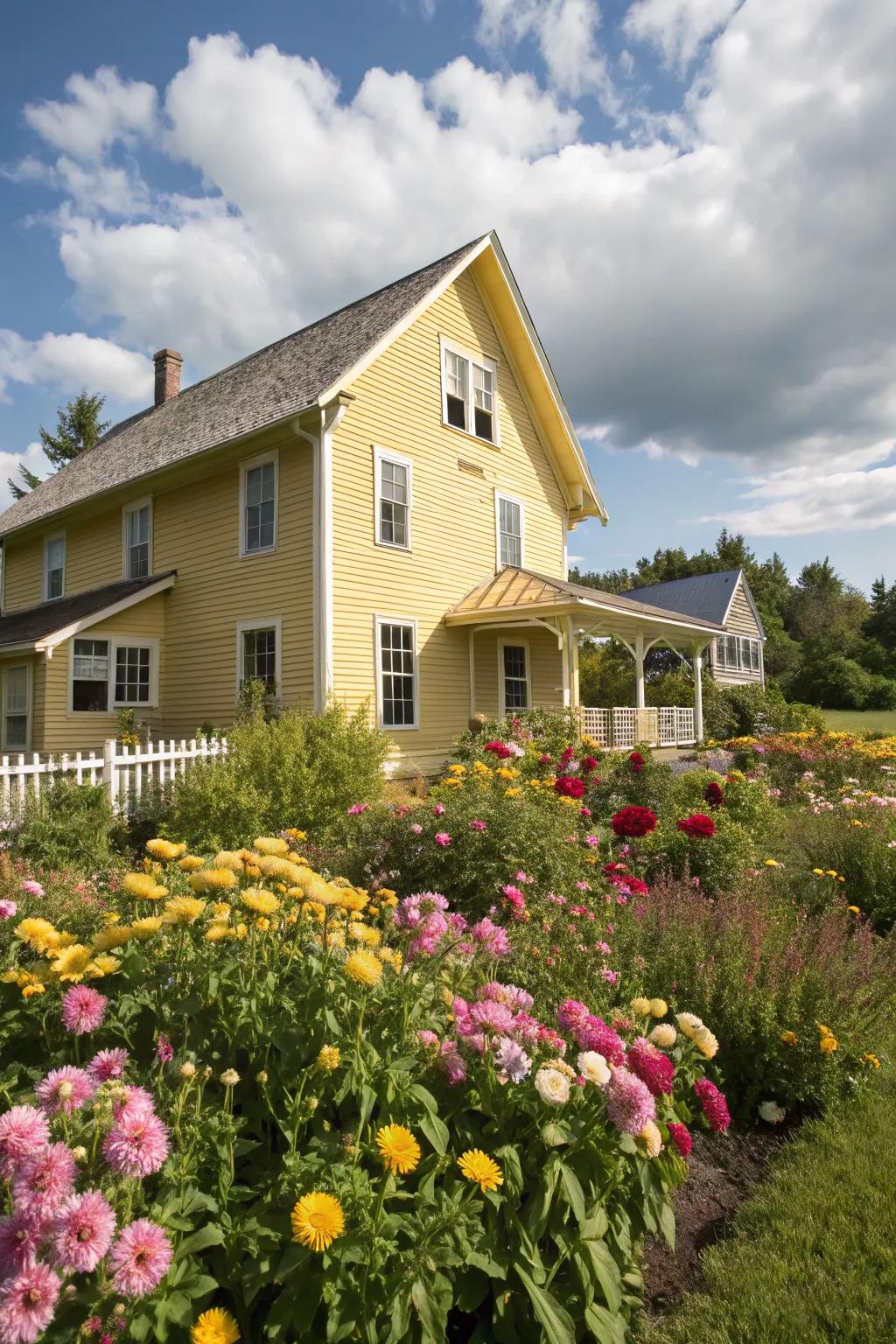 A sunny yellow farmhouse that radiates warmth and cheer.