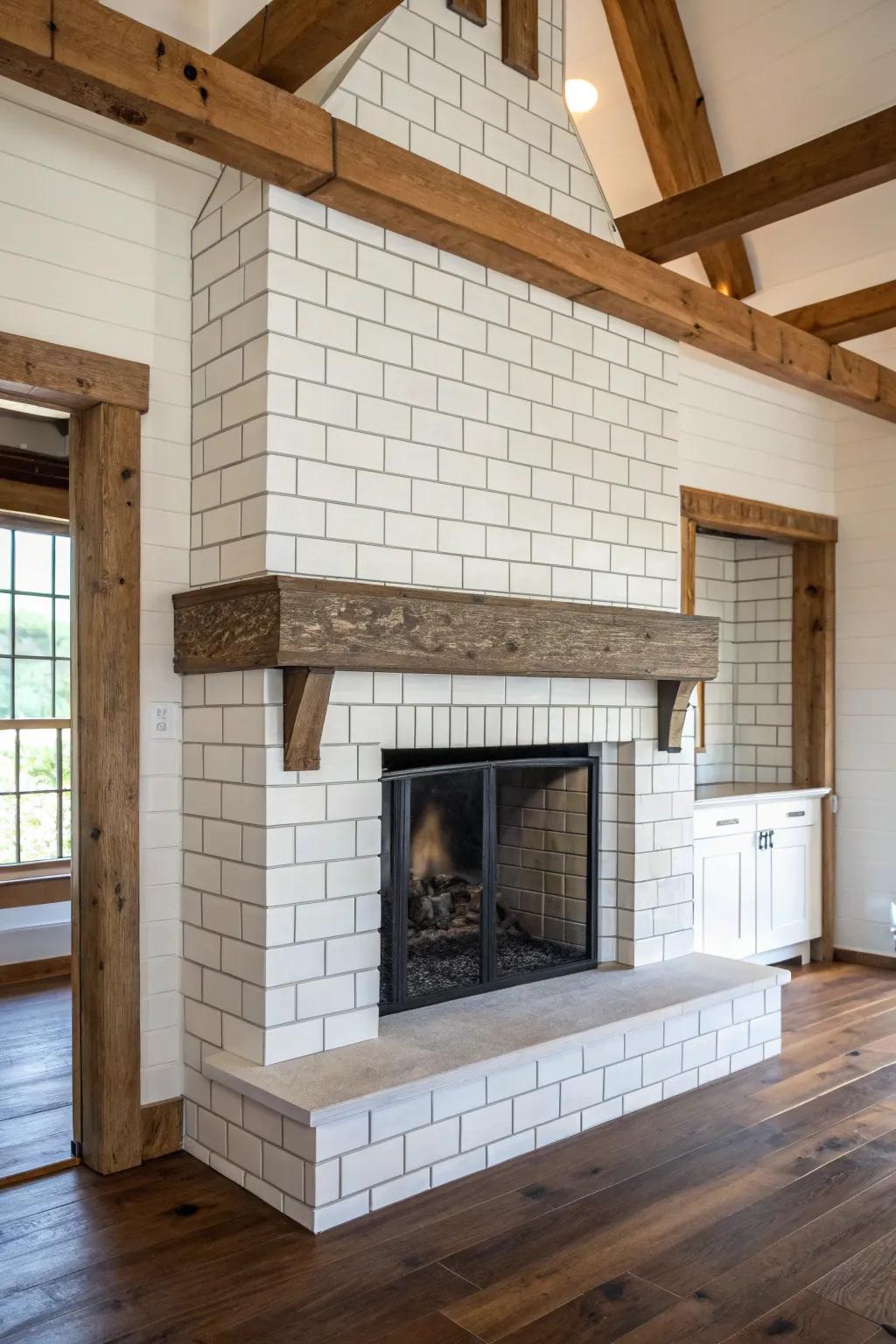 Refined white block tiles on a farmhouse fireplace.