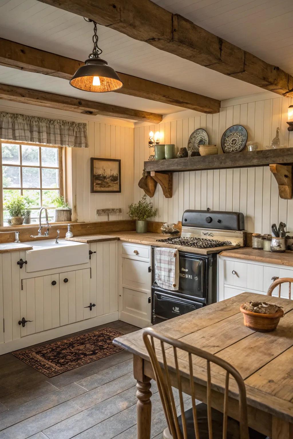 A country-style kitchen featuring a charming beadboard backsplash.