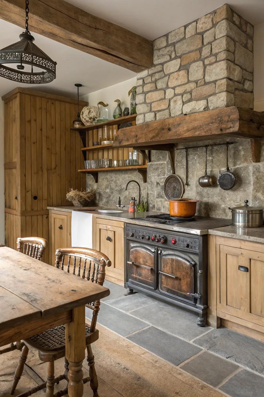 A farmhouse kitchen featuring a medley of timber, stone, and metal components.
