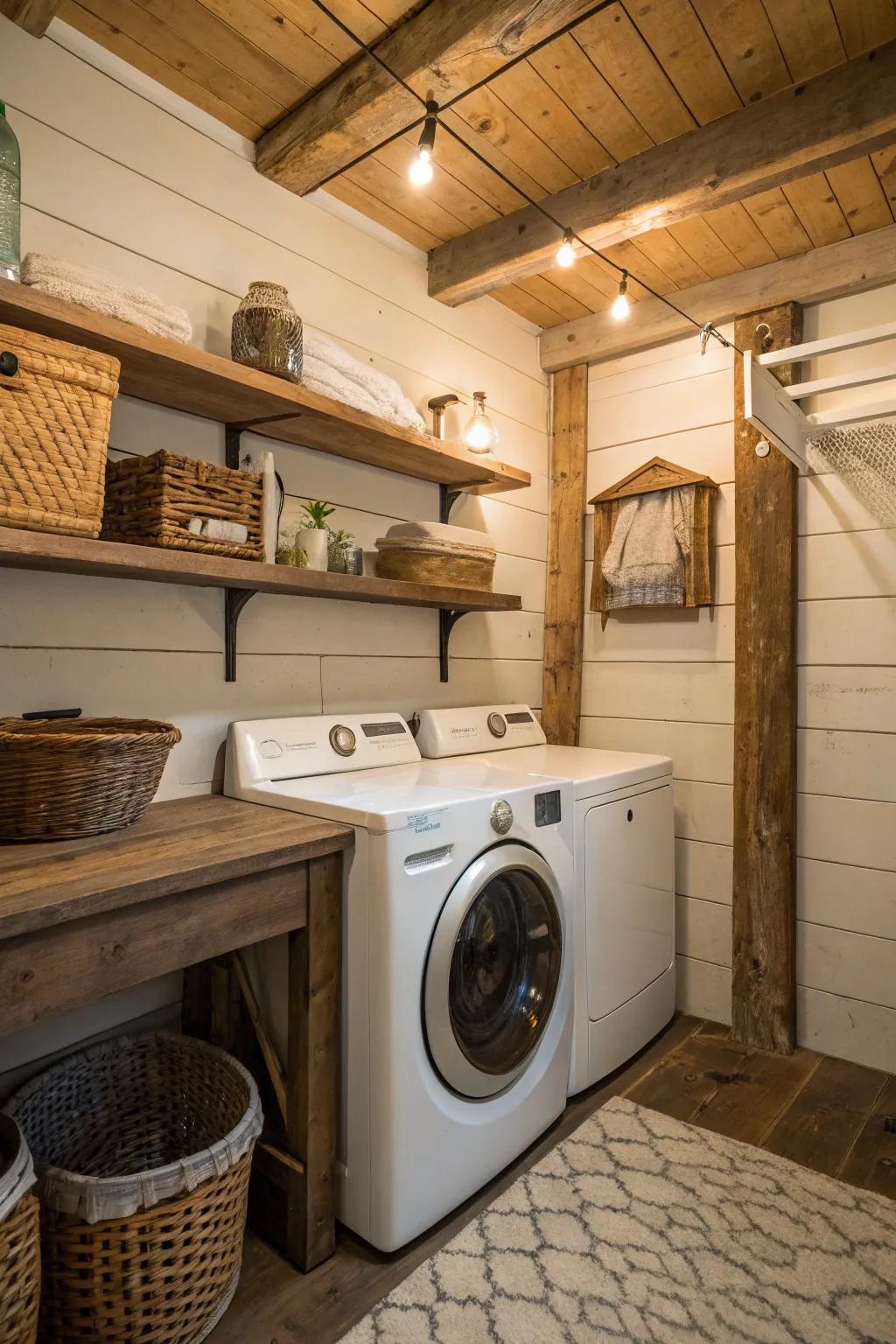 Textural walls like shiplap bring warmth and character to this laundry space.
