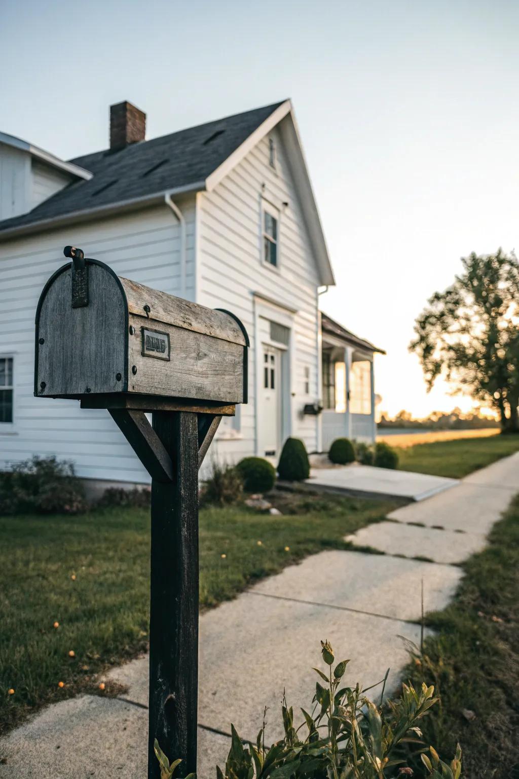Striking black against white makes this farmhouse mailbox a standout feature.