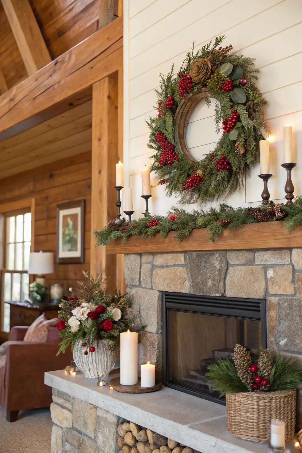 An occasional chaplet introduces fitting charm to the farmhouse mantel.