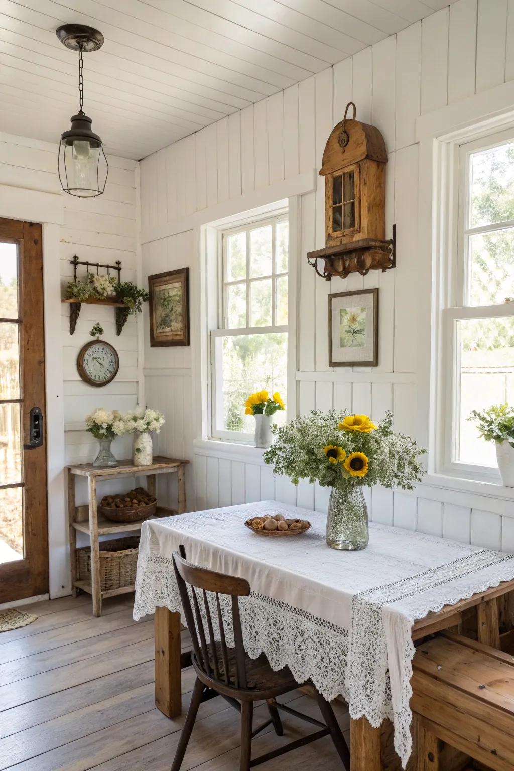 Classic snow-white walls amplify the light and space in this farmhouse room.