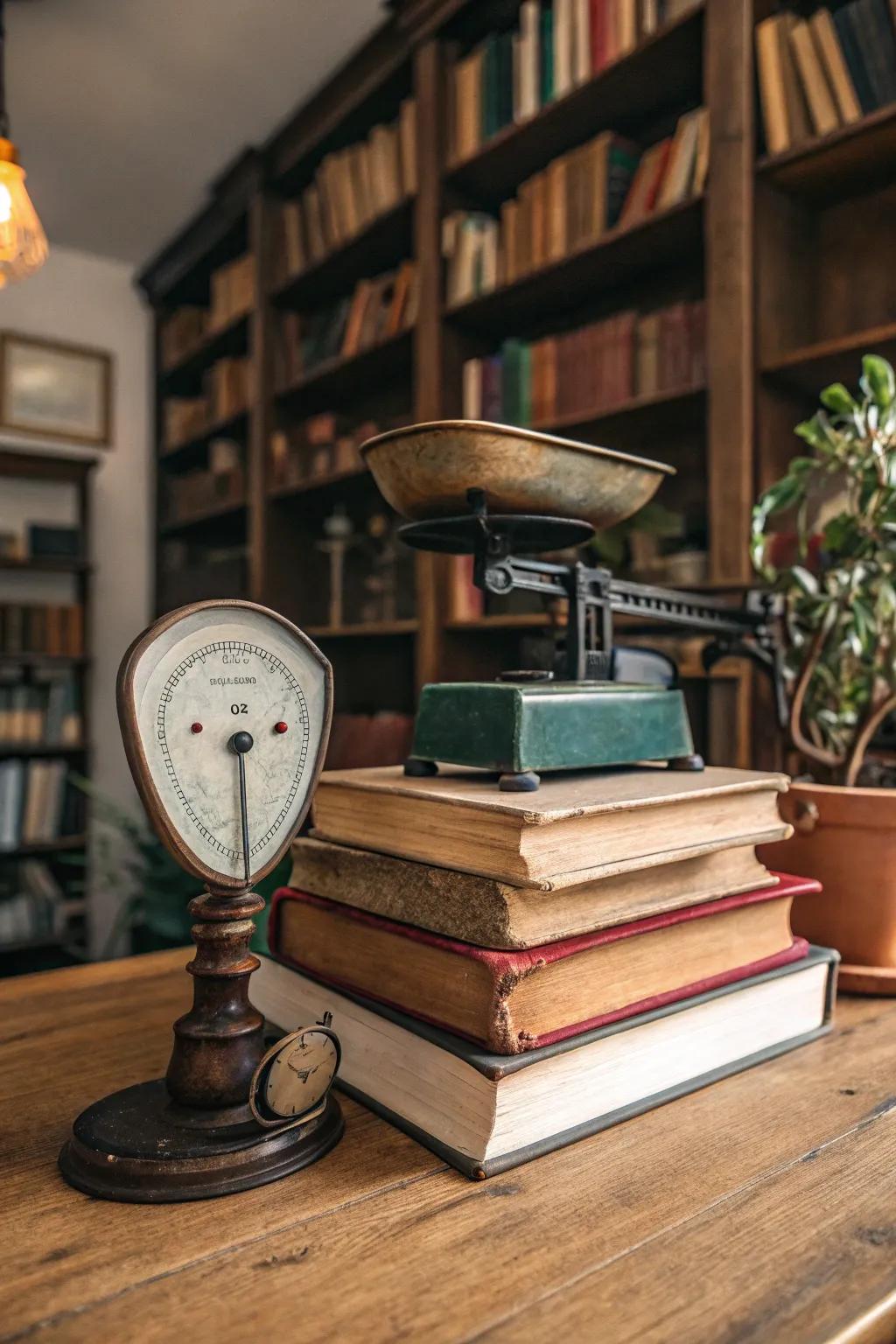 Lifting an antique scale through captivating vintage volumes.