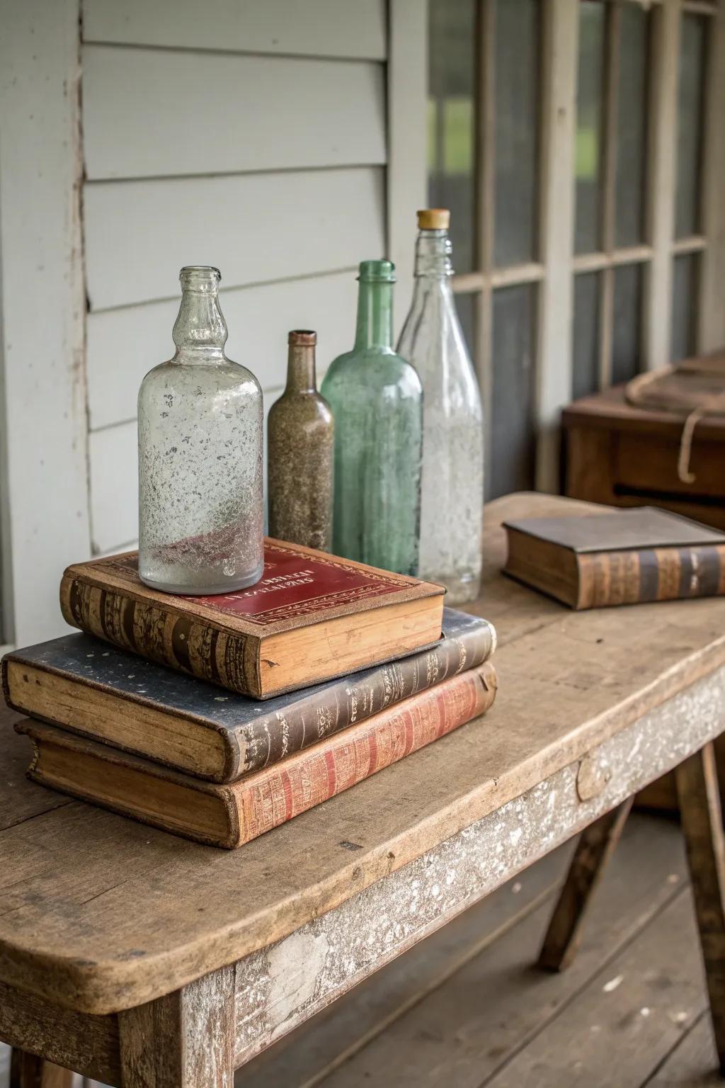 Vintage books and bottles add a sentimental touch to your farmhouse table.