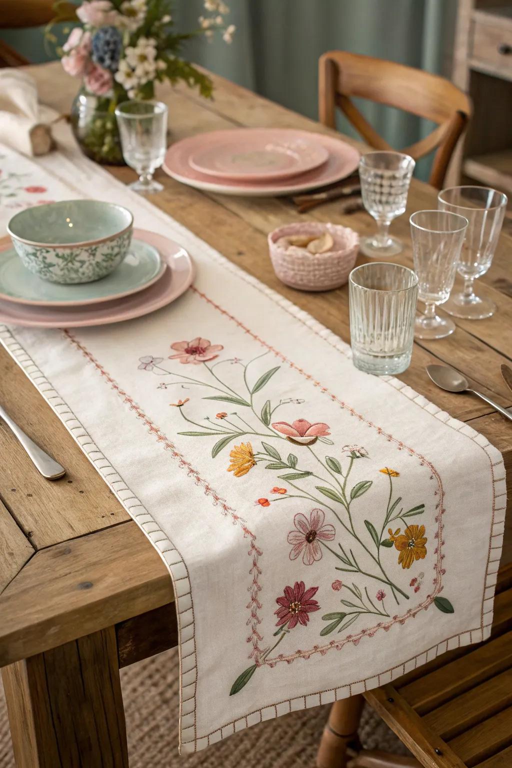 Botanical needlework imparts a vintage fascination to the table.