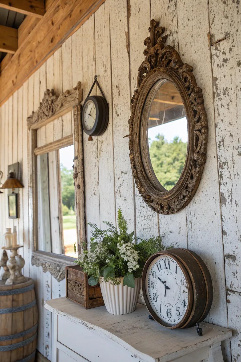 Antique pieces incorporating a historical impression to farmhouse walls.