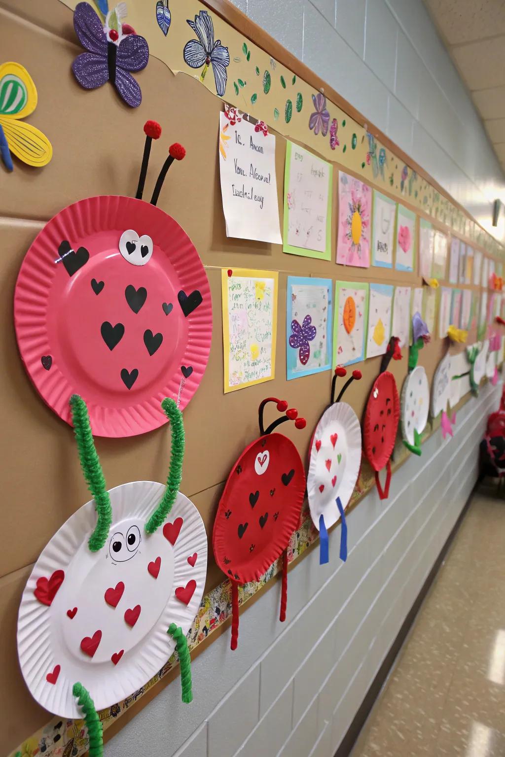 A bulletin board ornamented with handmade affection bugs.
