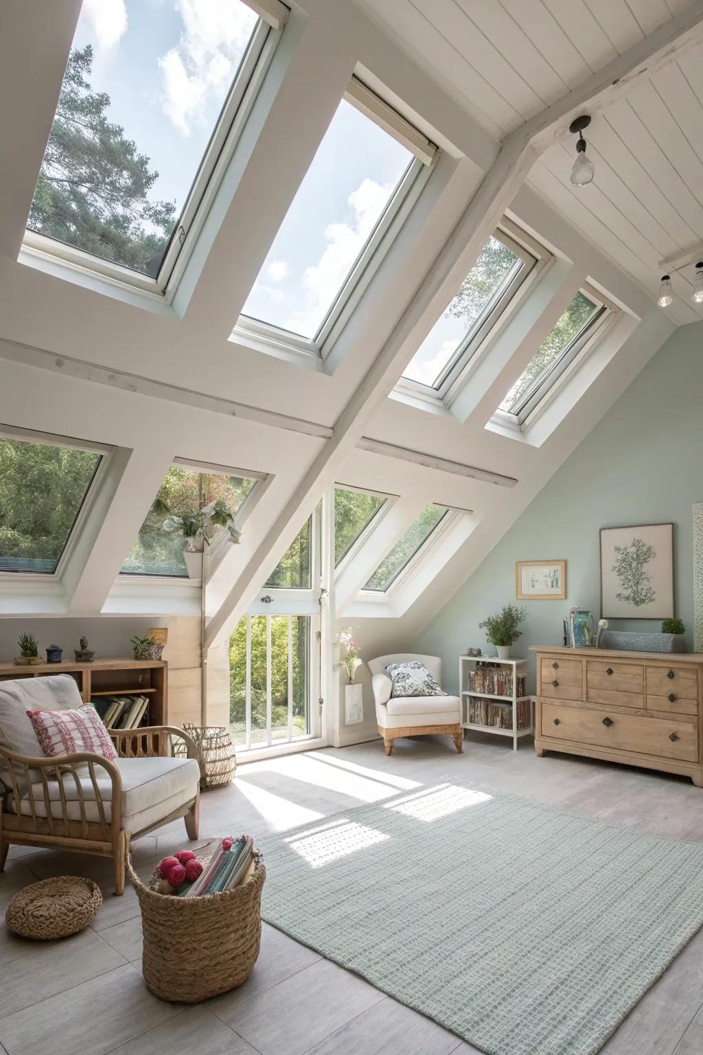 A sun-drenched attic sanctuary exuding openness and vibrancy.