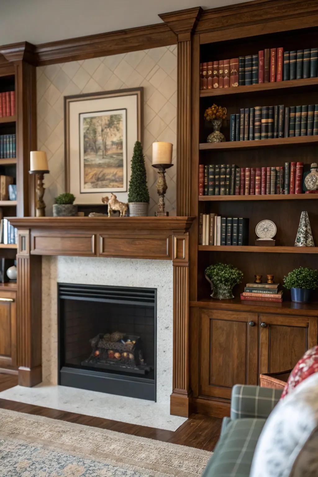 Introduce functionality by incorporating built-in shelving near your fireplace.