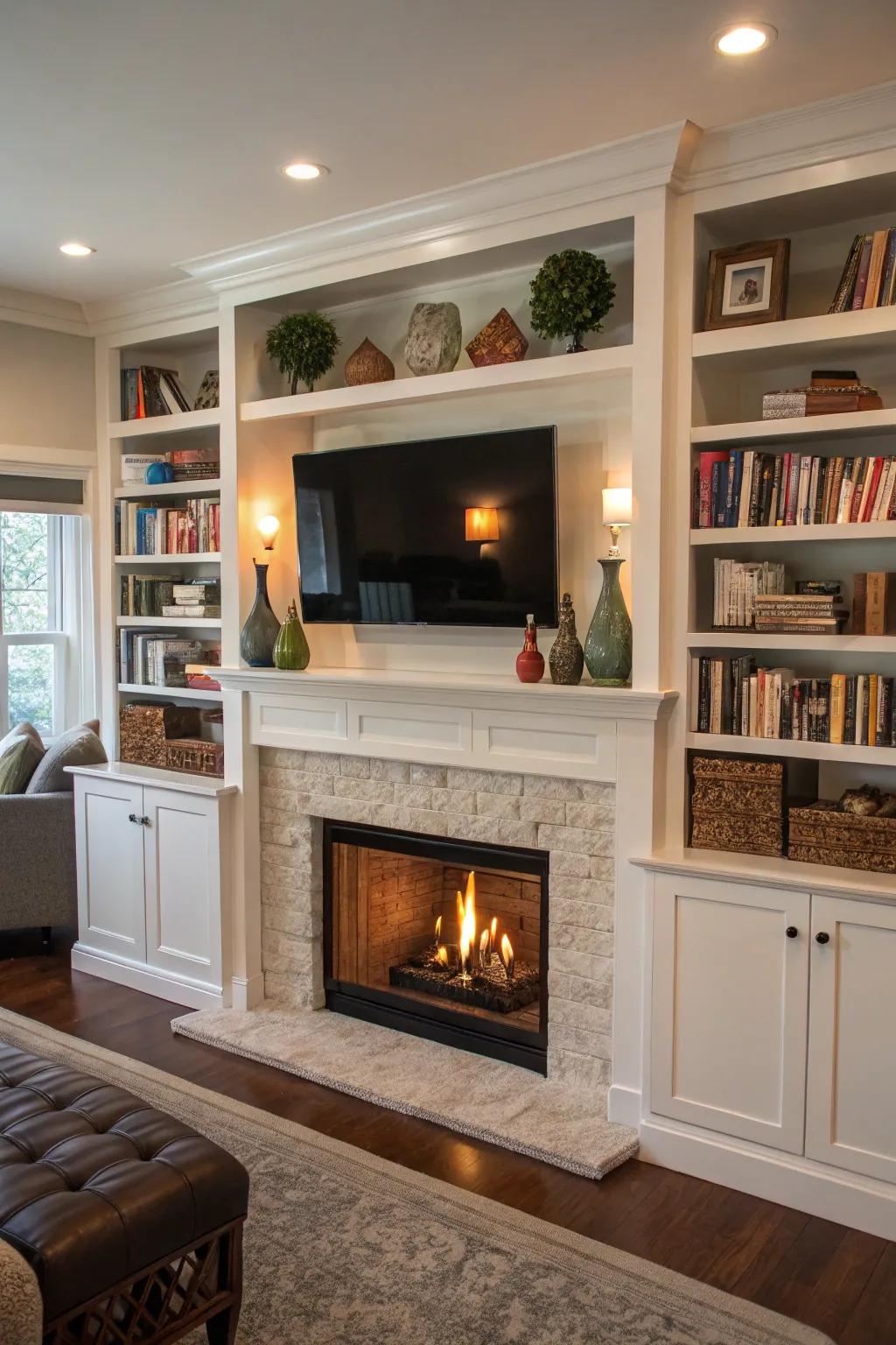 Integrated shelves enhancing the mantel area with both practicality and elegance.